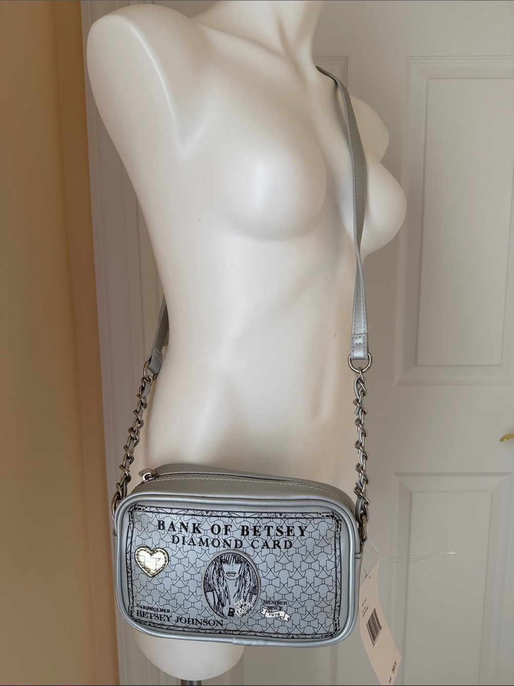 Betsey Johnson Silver Metallic Crossbody Bag with Graphic Front